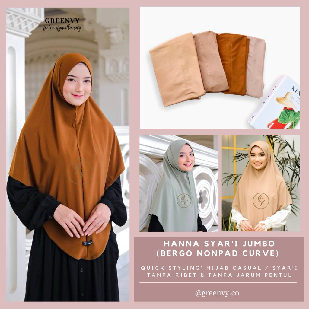 GREENVY | NEW HANNA INSTANT SYAR'I (JUMBO) NON PET | HIJAB INSTANT | BERGO PREMIUM