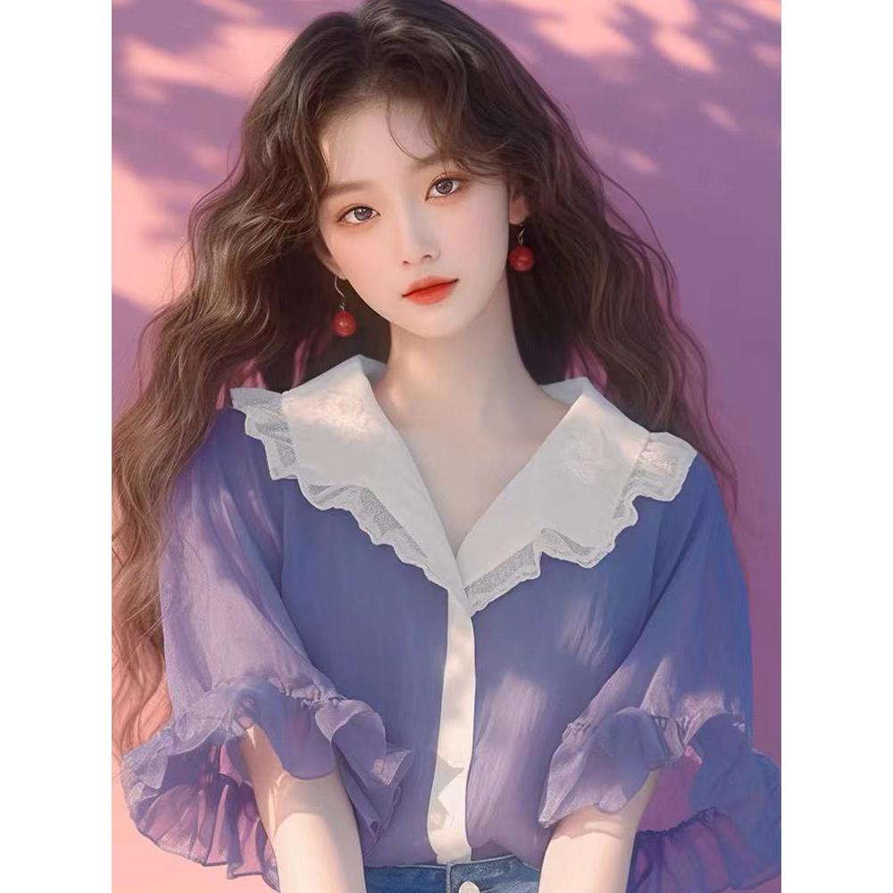 Kemeja lengan pendek ungu blus baru wanita atasan sifon longgar