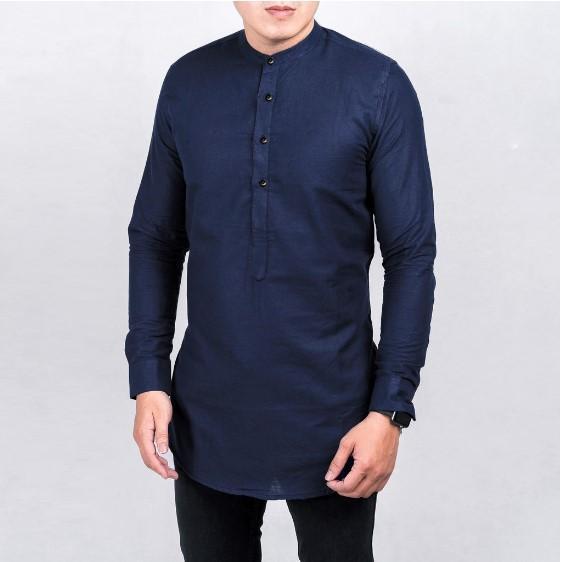 New Collection Lebaran Baju Koko Kurta Pakistan Pria Kemeja Muslim Panjang Biru Navy Polos - Navy, M