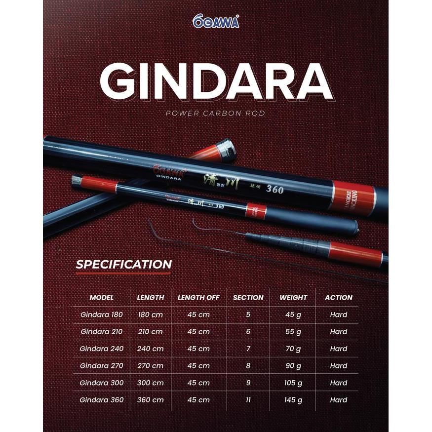 Ogawa Joran Tegek Gindara 180-360 cm Kaku Hard Power Carbon Rod dengan Berbagai Pilihan Panjang - 18