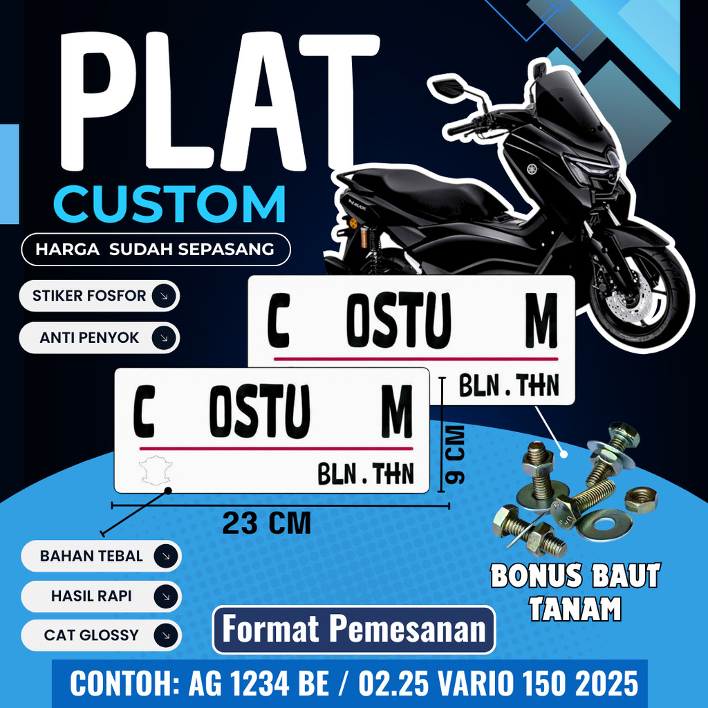 PLAT CUSTOM WARNA PUTIH PLAT CUSTOM SATU PASANG WARNA PUTIH PLAT CUSTOM BAUT TANAM