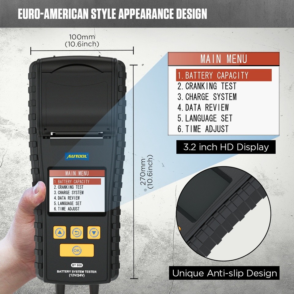 AUTOOL BT860 Automotive Battery Tester With Printer Car Charger  24V 12 V Battery Car Battery Tester