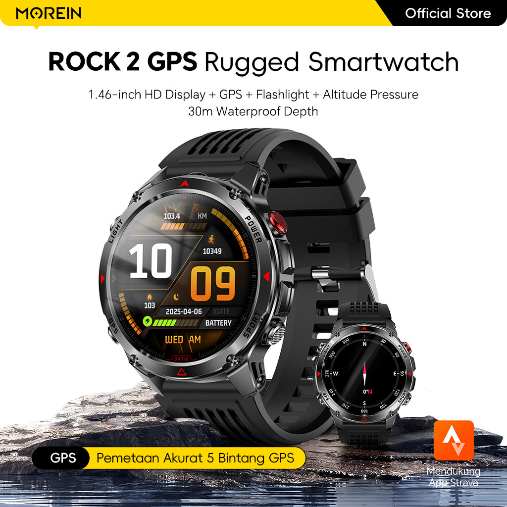 Morein Plus Rock 2 GPS Smartwatch - GPS + Kompas | Tahan Air 3ATM | UV + Senter | 100+ Mode Olahraga