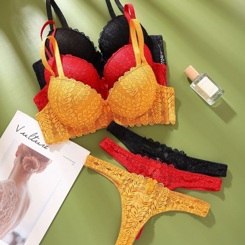 LadyAllure COD Set Bra & Celana Dalam Wanita Renda Motif Daun Sensual Push Up Bra Tali Tetap Celana 