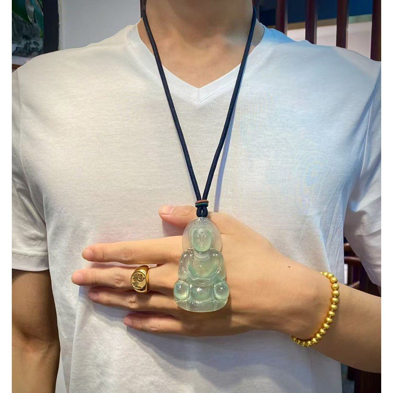 Liontin Guanyin dari batu giok es alami dari tambang tua Myanmar liontin Giok Guanyin polos berwarna