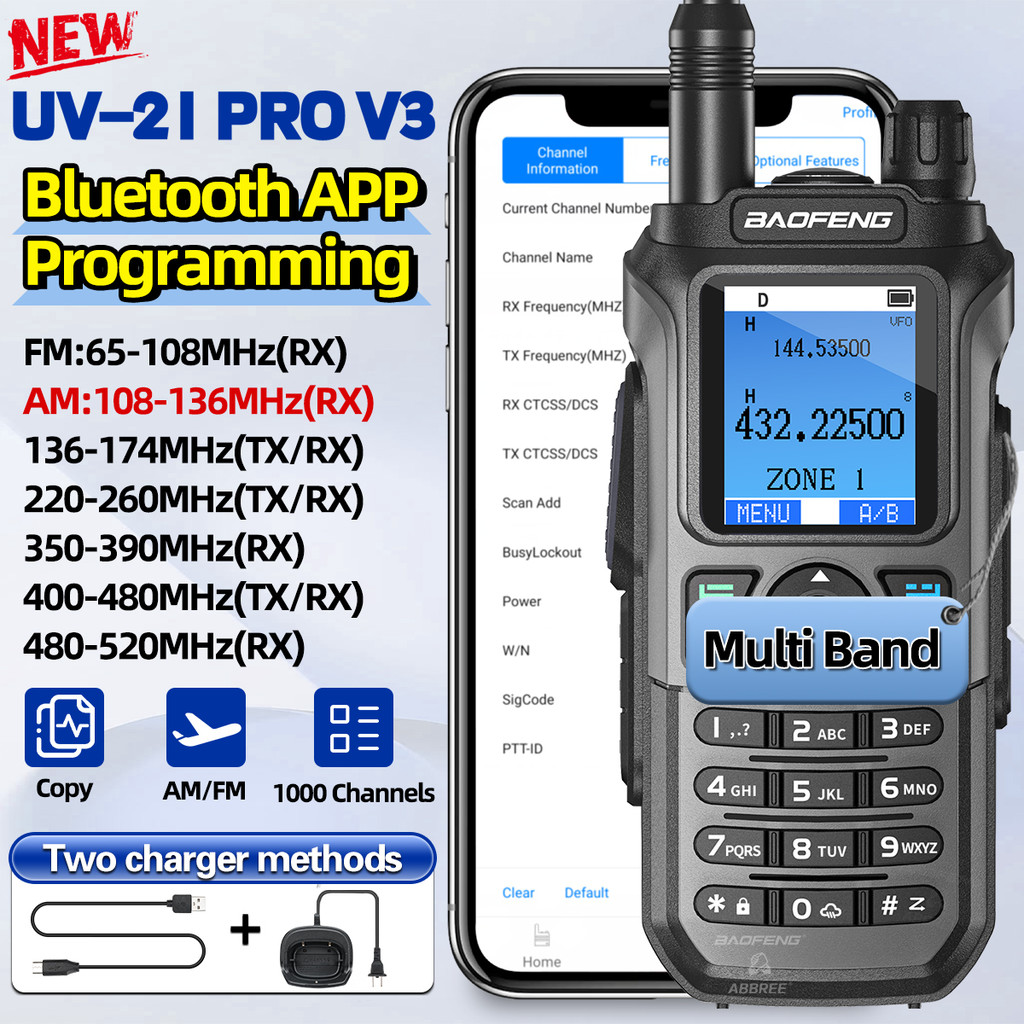 Baofeng UV-21 Pro Walkie Talkie Multi-Band Bluetooth Programming V3 Long Range Wireless Copy Frequen