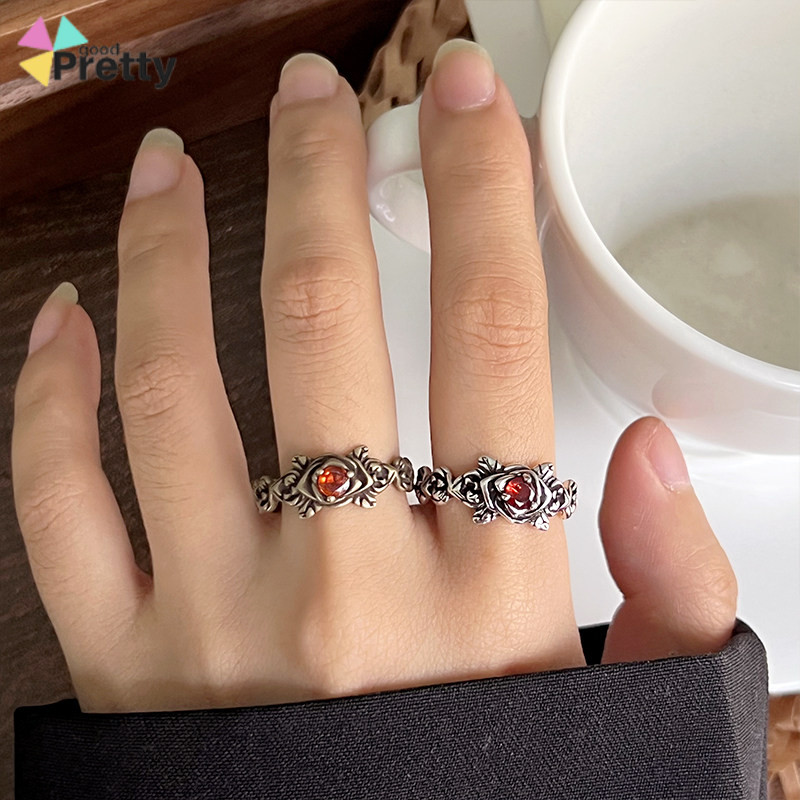 PREMIUM COD Cincin Mawar Perak 925 dengan Batu Merah Cincin Pria Wanita Adjustable Titanium Anti