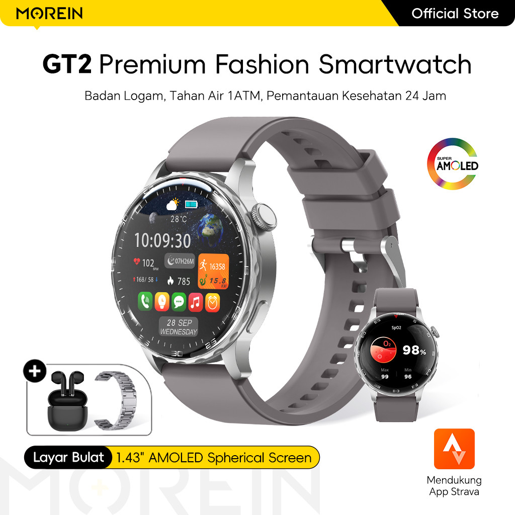 Morein Plus GT2 Jam Smartwatch 1.43-inci Amoled AOD Metal Case Bluetooth Call 100+ Sports Modes
