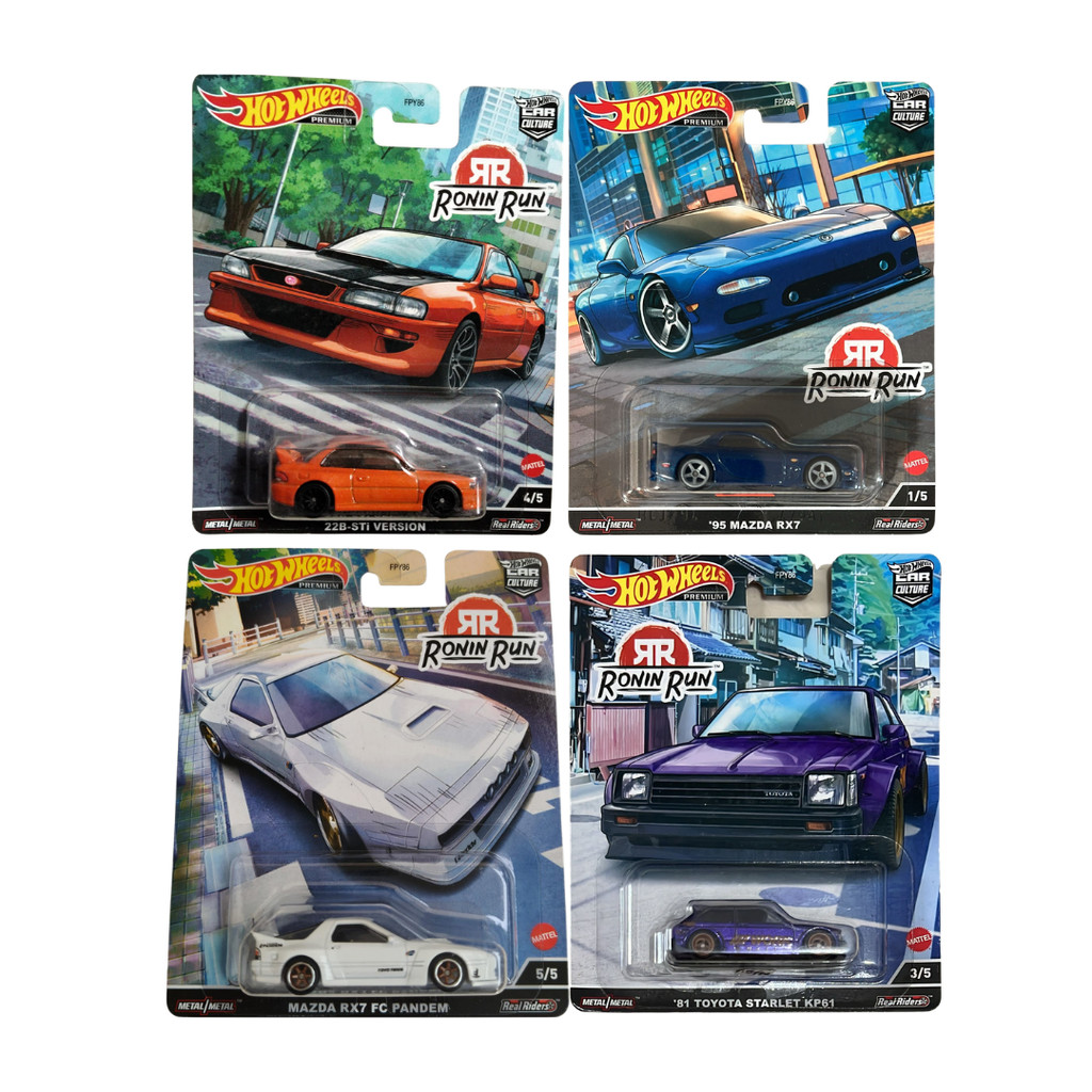 Hotwheels Premium Car Culture Ronin Run Blue ‘95 Mazda RX7, Red Nissan 300SX Twin Turbo, Purple ‘81 