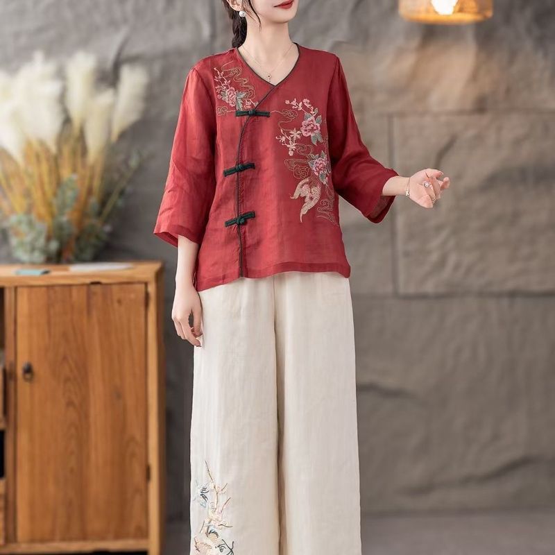 [JINXIU] Atasan Katun dan Linen Retro Gaya Cina untuk Wanita Gaya Baru Kerah Miring Baju Teh Kanc