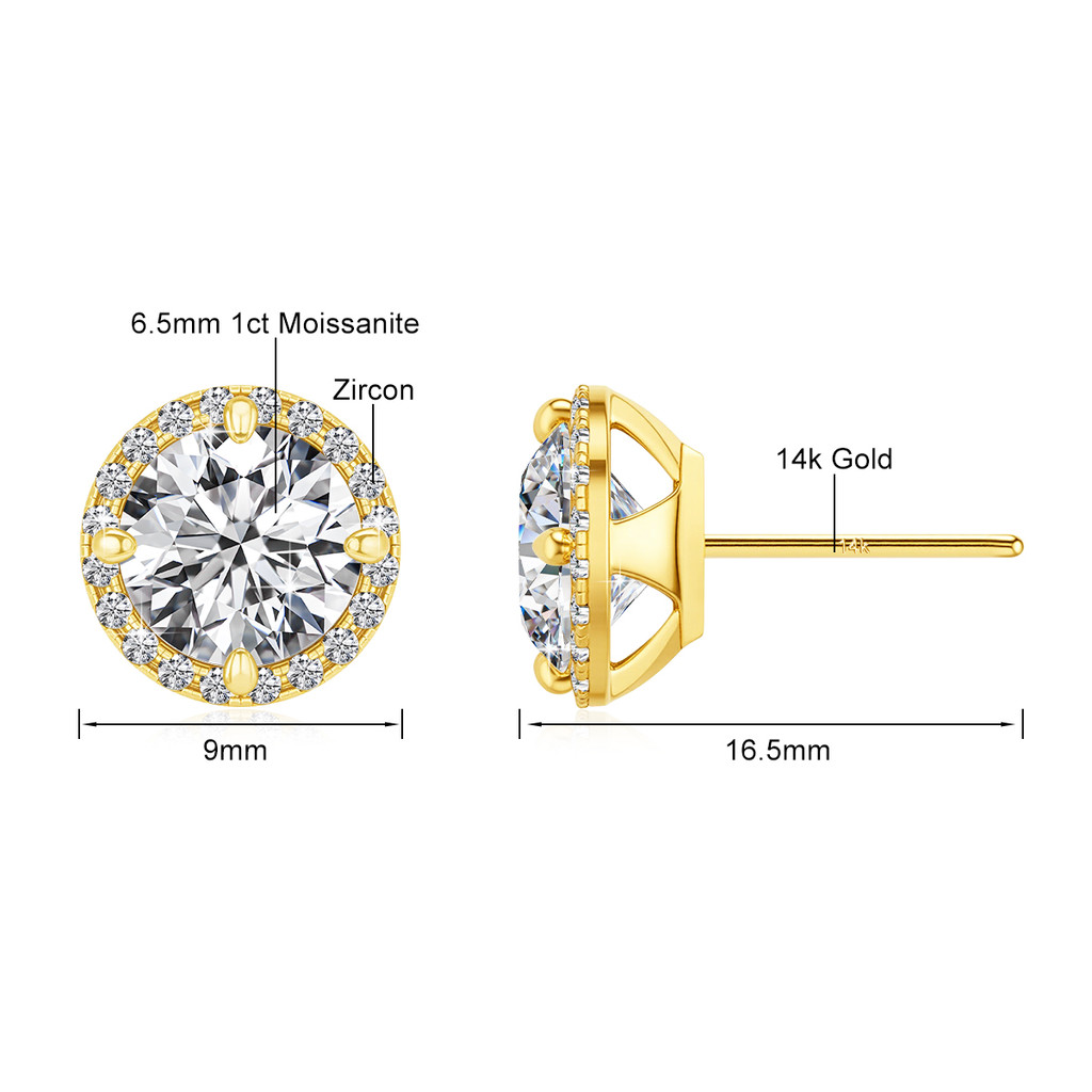 New Designer Moissanite Stud Earrings 14K Gold Halo Studs Au585 Certified Moissanita Wedding & Engag