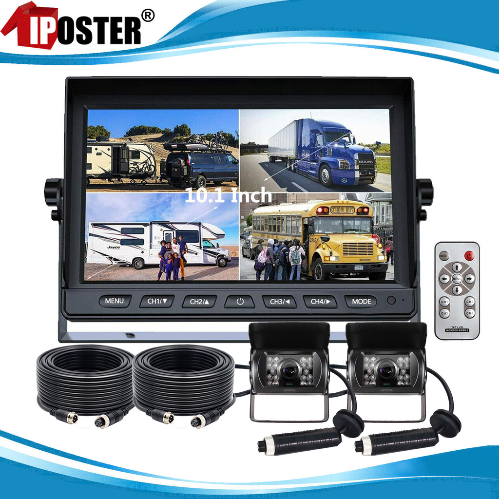 iPoster Monitor Quad Layar Terpisah 10.1 Inci 12-24v 4PIN Kamera Mundur 18 LED IR Kit Untuk Truk Bus