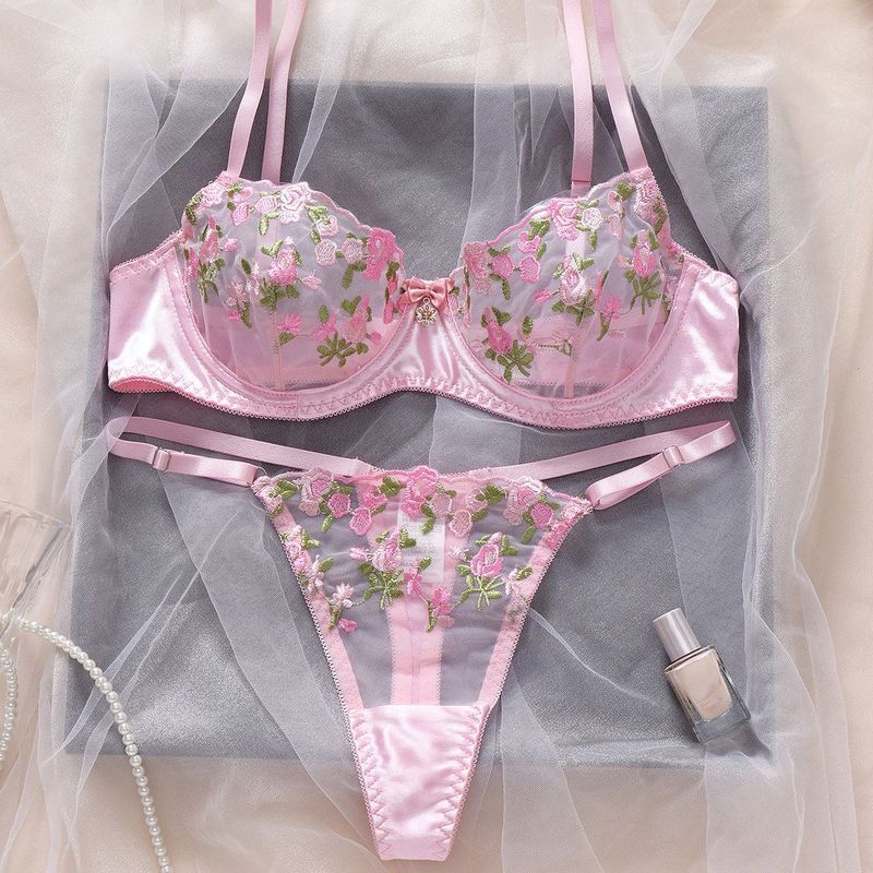 LadyAllure COD Set Bra Wanita Sexy Lace Embroidery Transparan Push Up Kawat 3/4 Cup Ultra Tipis Ling