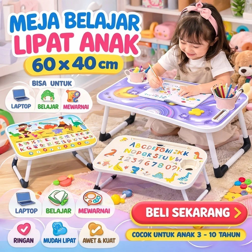 SACA Meja Belajar Lipat Anak – Meja Sekolah & Laptop Portable Karakter Serbaguna
