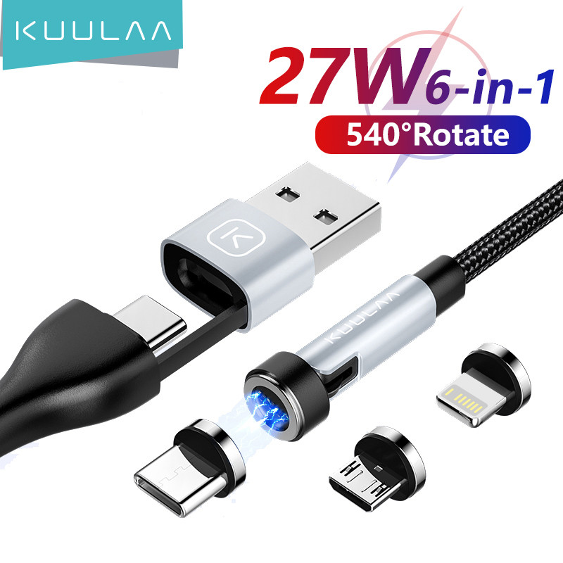 KUULAA 6 in 1 Magnetic Charging Cable 540° Rotate 27W Fast Charge For iPhone Type C Micro USB Magnet
