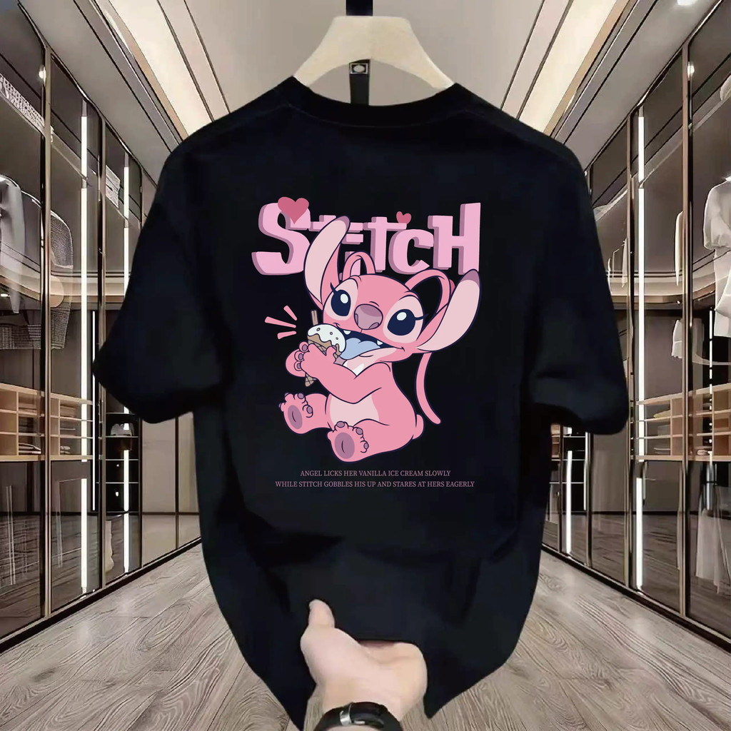 24S Katun 100% Juun.J Baju T-shirt Couple Stitch & Angel - Comelnya! Stitch Lihat Angel Makan Aiskri