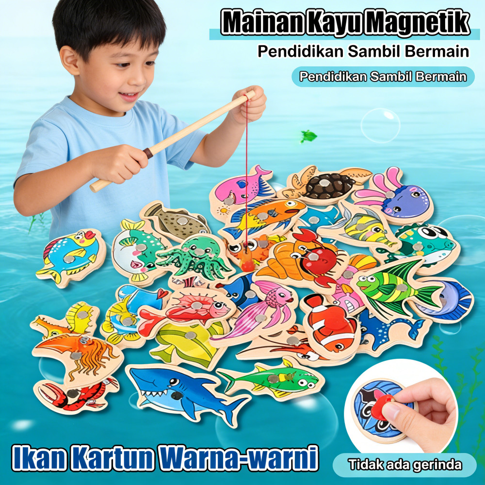 Pendidikan Anak 15/30 Buah Mainan Ikan Kayu Magnetik Kartun