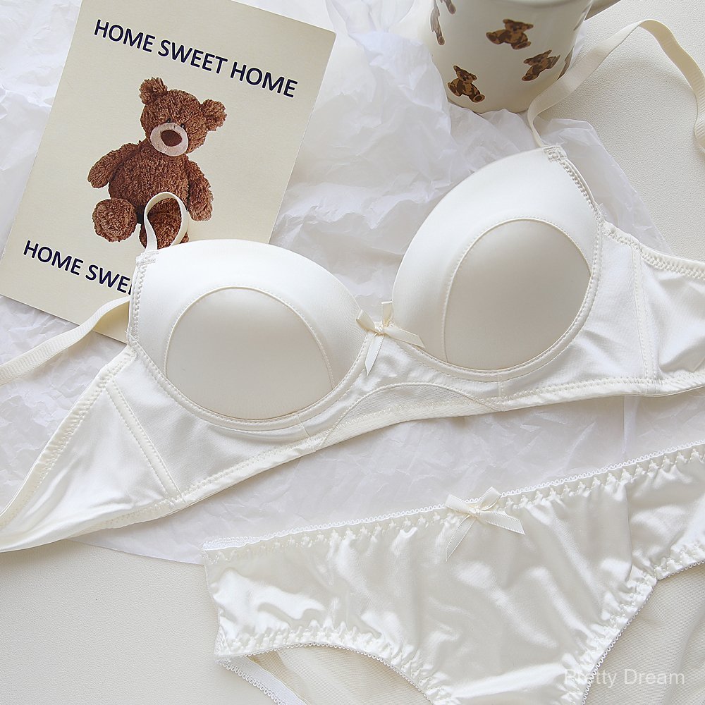[Pretty Dream]Set bra cup tipis bergaya Prancis dengan hiasan renda satin mutiara, tanpa kawat, dan 