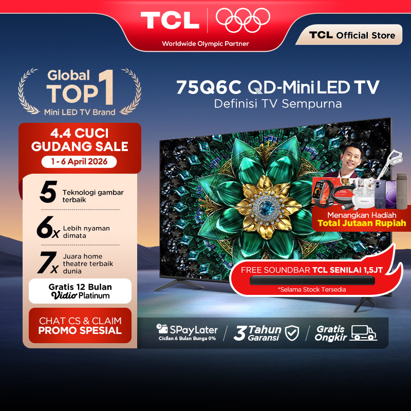 TCL 75 Inch QD-Mini LED TV Q6C - AiPQ Pro Processor - 6in1 Healthy Eye care - 144Hz - Smart Android 