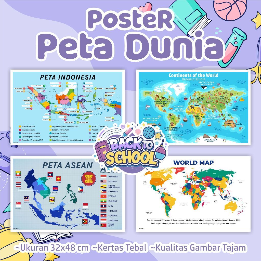 Poster PETA DUNIA - Poster edukasi anak peta indonesia, peta asean