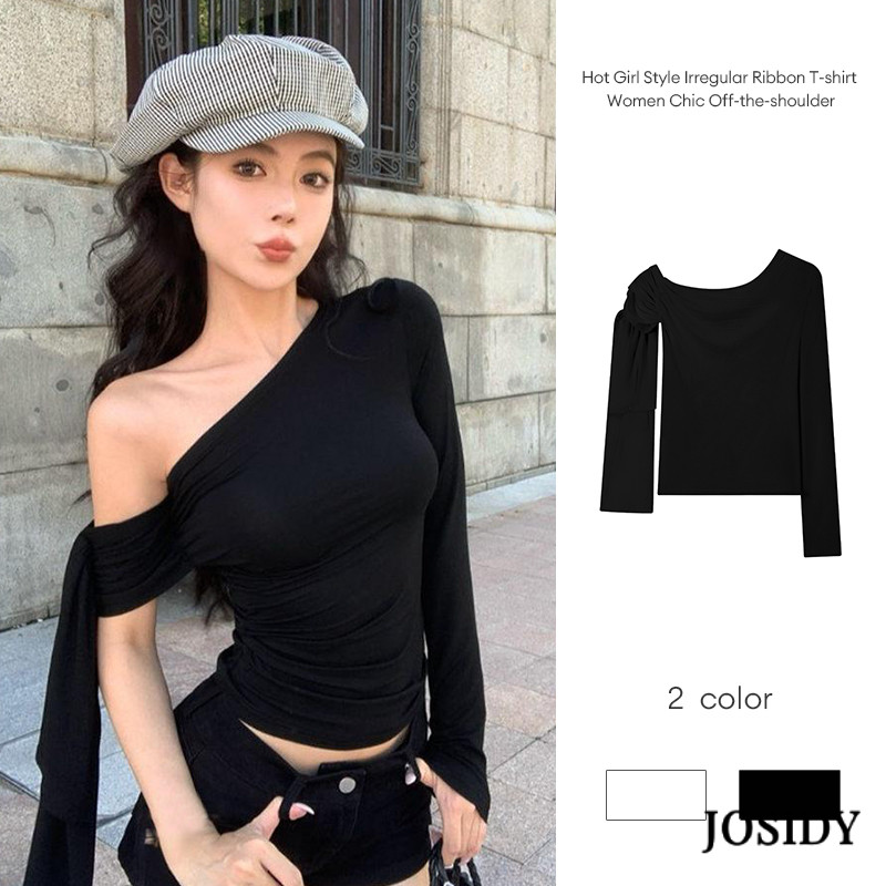 Kaos Wanita Model Hot Girl dengan Pita Tidak Beraturan, Atasan Ketat, Chic, Bahu Terbuka JD