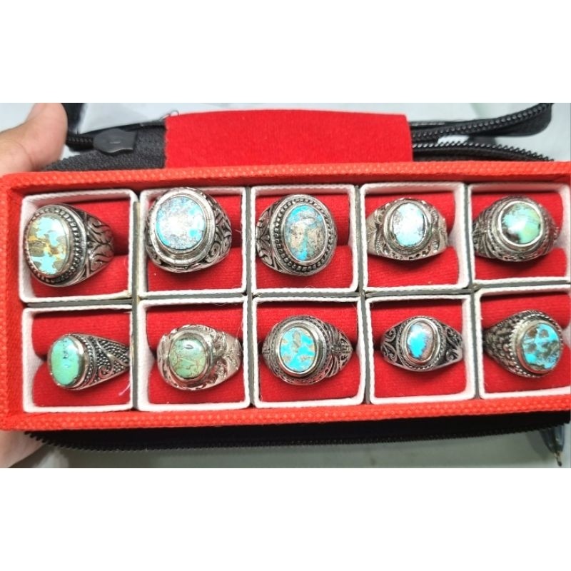 borongan 10pcs cincin batu pirus persia mini 10-15 mm bonus tempat cincinnya