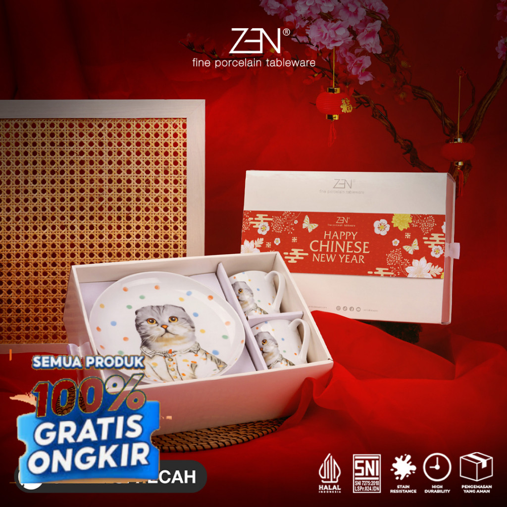 ZEN Hampers CNY Imlek Piring Mug Keramik New Glamorous Pet + Box/ Ungu Violet Magenta Fuchsia