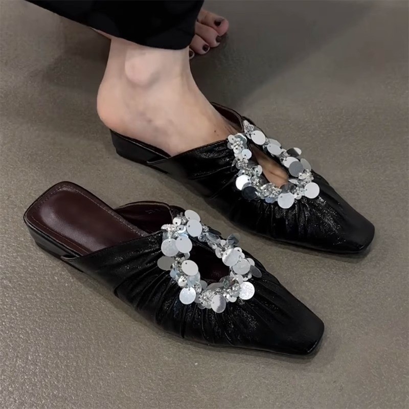 Slipper hiasan sequin, sepatu wanita, sepatu kepala persegi Prancis, sepatu wanita
