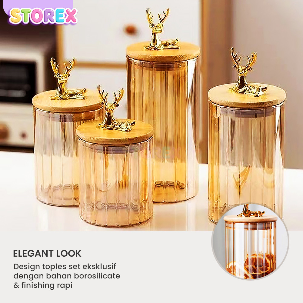 PROMOStorex Toples Kue Toples Kaca 1 Set Kedap Udara Isi 4 Pcs Ornamen Rusa Gold Serbaguna Toples Le
