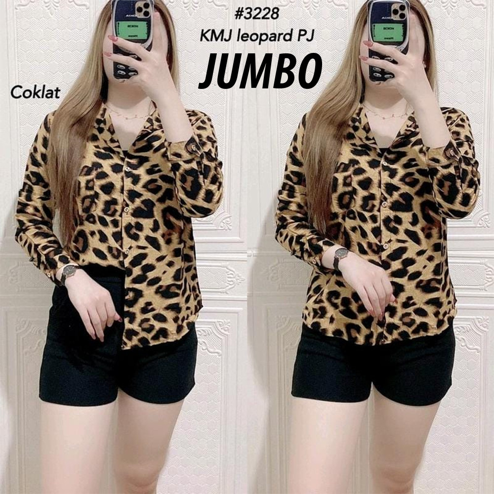 Kemeja Leopard Wanita Rayon Lengan Panjang Jumbo