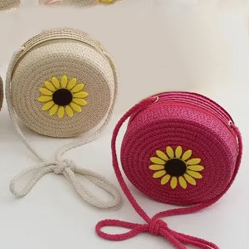 Tas Anyaman Jerami Rajut Mini Lucu Motif Bunga Matahari Bulat Lucu / Tas Selempang Ritsleting Trendy