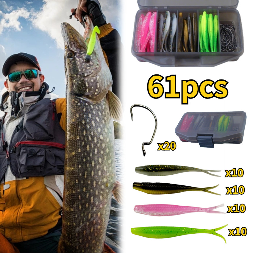 61Pcs Umpan Soft Lure 1 Set Box, Kotak Umpan Pacning Ikan / Umpan Pancing Tiruan Bentuk Ikan Bahan K