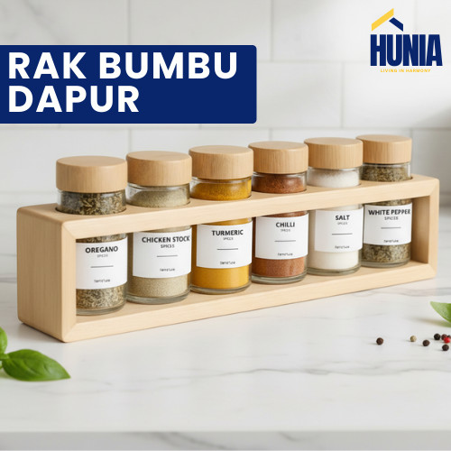 Rak Bumbu Dapur Estetik 6 Botol Kaca Spice Jar Rak Bumbu Kayu Storage Tempat Bumbu Dapur