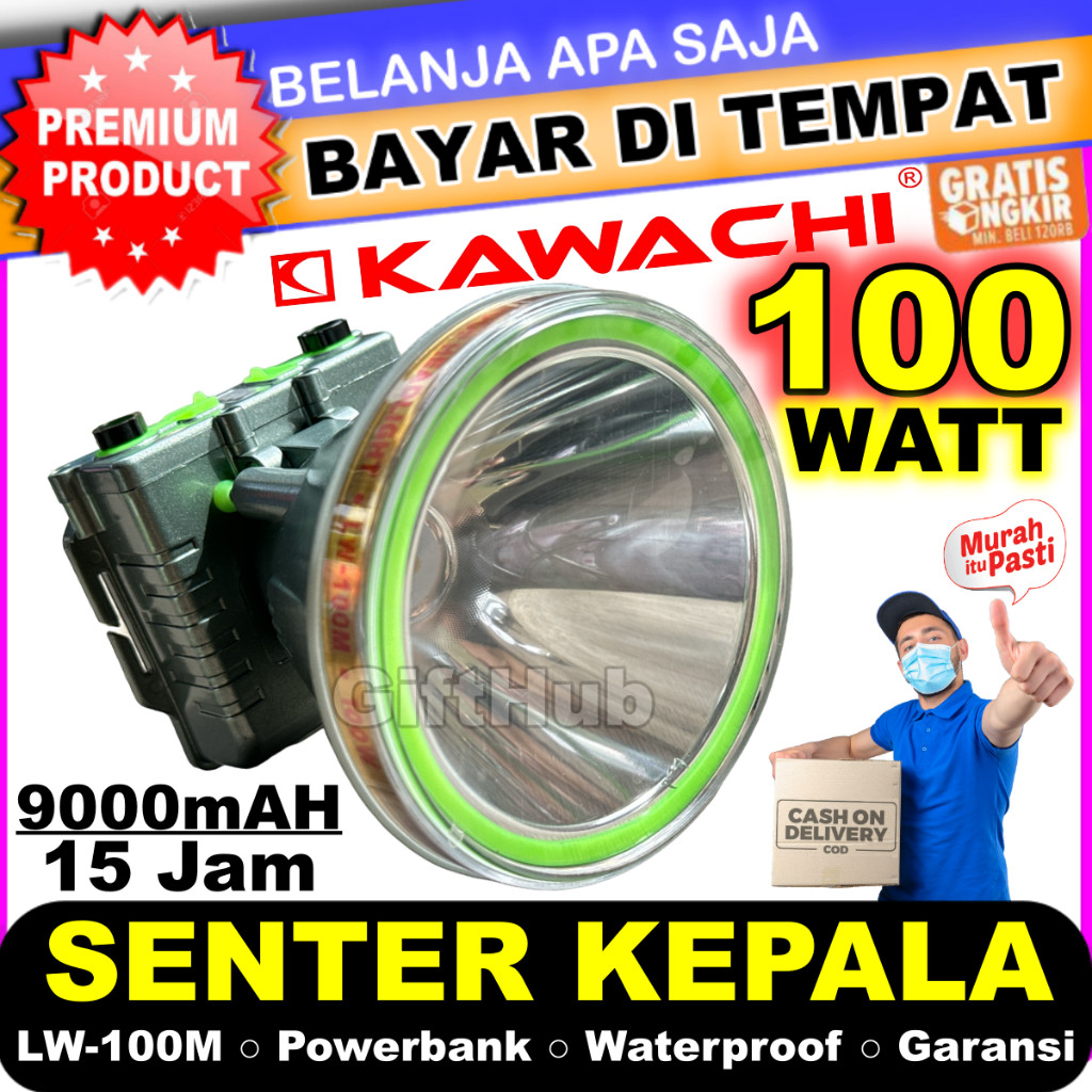 Kawachi Senter Kepala Selam Premium  100w 100 Watt Super LED Powerbank Super Terang LW-100M Waterpro