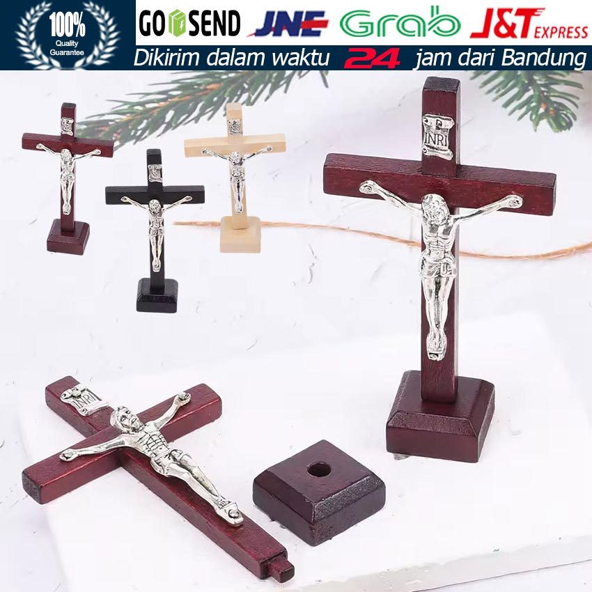 Pajangan Salib Kayu Duduk 17cm / Cross Table Decor Kristen Protestan / Bahan Kayu Jati Resin Polos M