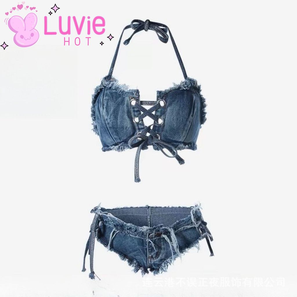 Luvie Hot - Atasan & Celana Pendek Seksi Wanita Jeans Denim Elastis Thong Pinggang Rendah - Baju Har