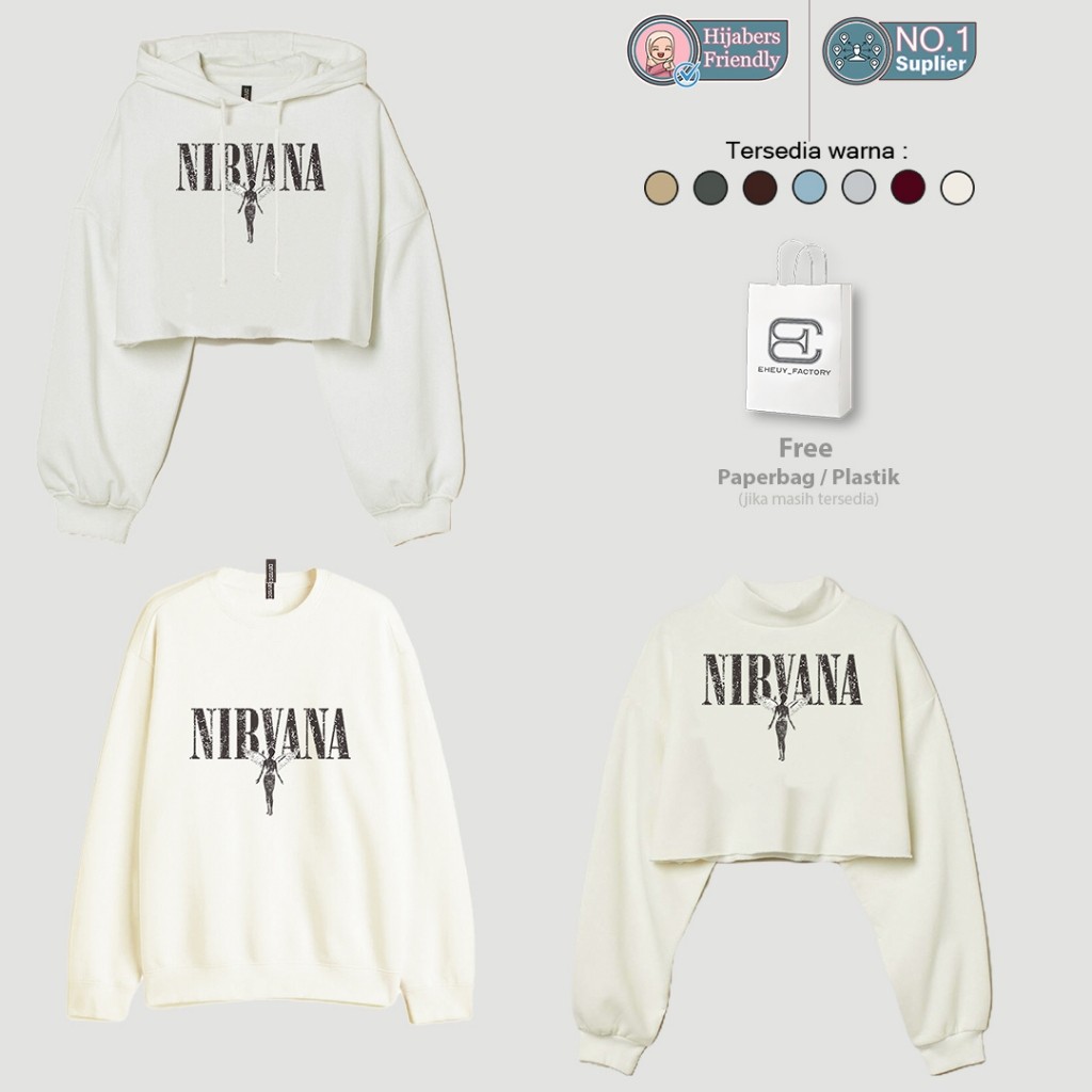 LOWESHOP Crop Sweater NIRVANA Broken White Hoodie Crop Wanita Soft Cream