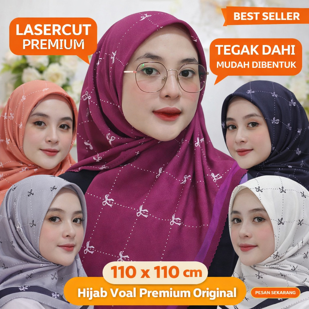 Jilbab Segi Empat Motif Pita Garis Hijab Voal Segi Empat Premium Kerudung Voal Sublime Lasercut Tega