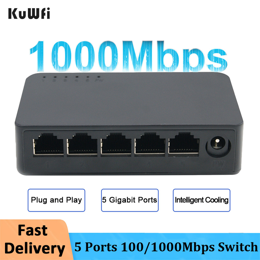KuWfi 5 Ports Network Switch 100/1000Mbps RJ45 LAN Hub Adapter Half/Full-Duplex Desktop Fast Etherne