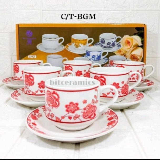 Sale Cangkir kopi / cangkir teh + tatakan, keramik (6set) Bit Keramik - Bunga MerahTerlaris
