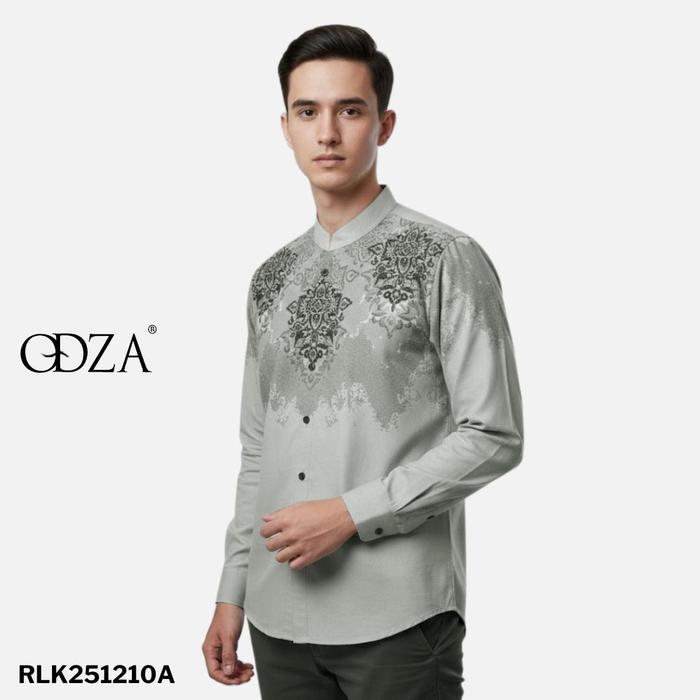 Baju Koko Kombinasi Batik Muslim Lengan Panjang Kerah Shanghai Modern Modern - Hijau Muda, M