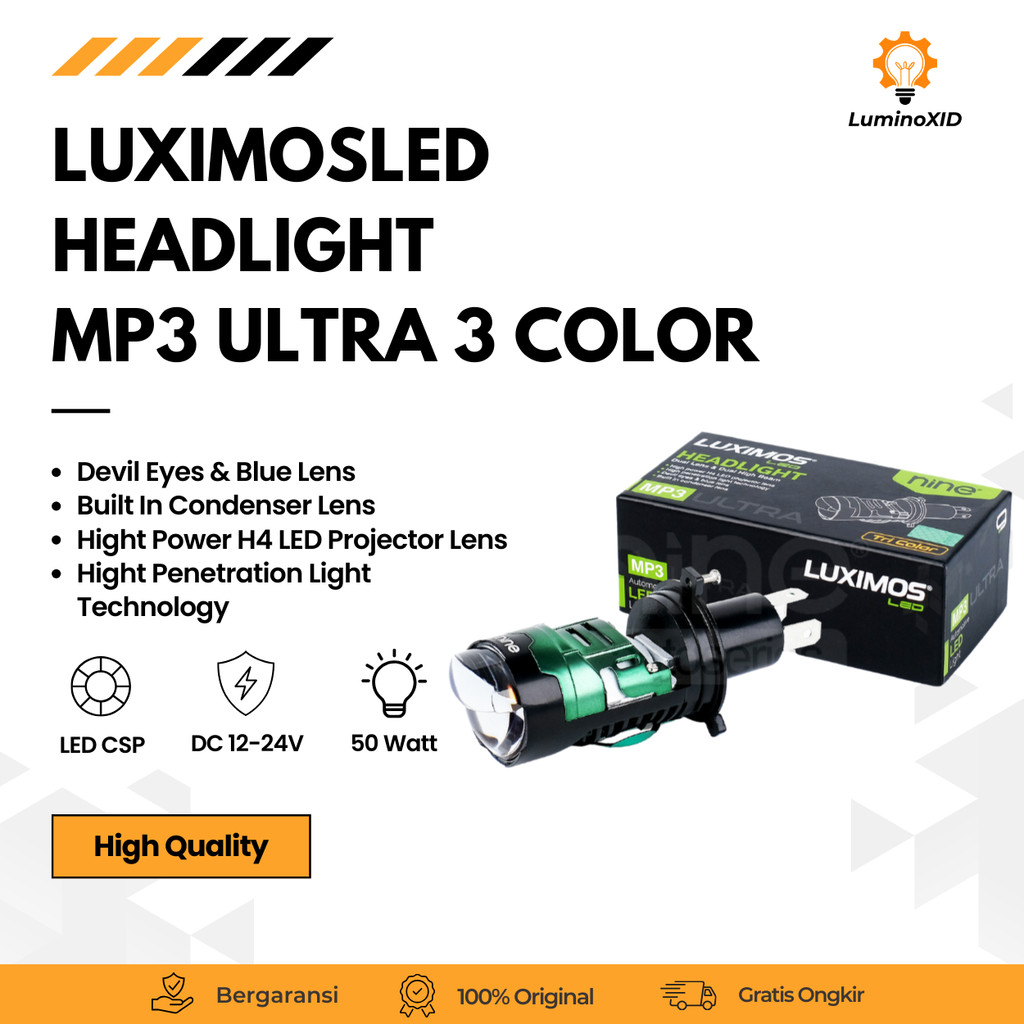 Mini Biled H4 Projie LED 50Watt 3Warna All Weather Blue lens kipas Super Terang MP3 ULTRA - LUXIMOS