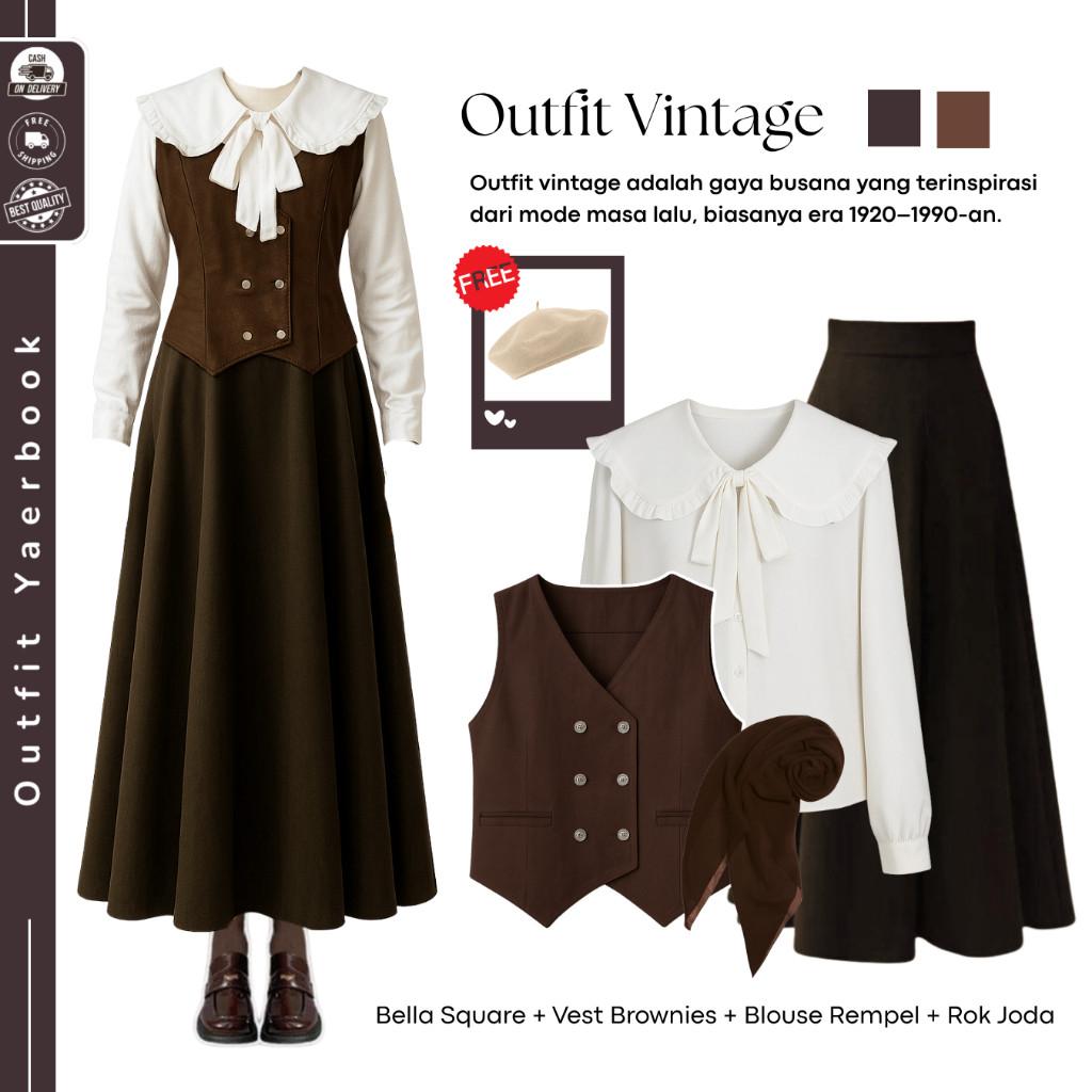 Dark Academia Yearbook Outfit (Bella Square + Vest + Blouse + Rok Joda ) OOTD Yearbook Remaja - FO19