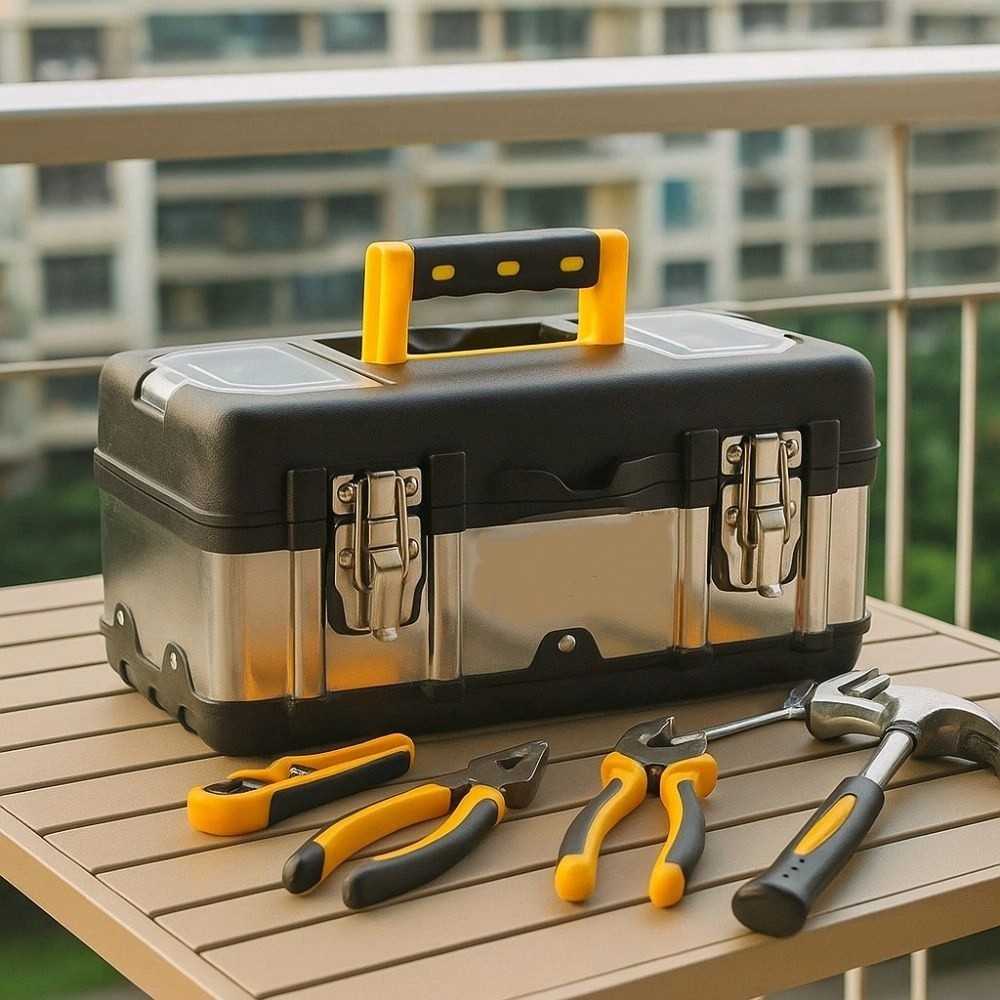 Portable Dual Layer Stainless Steel Toolbox Large Capacity Handle Tool Carrying Case Metal Buckle Mu