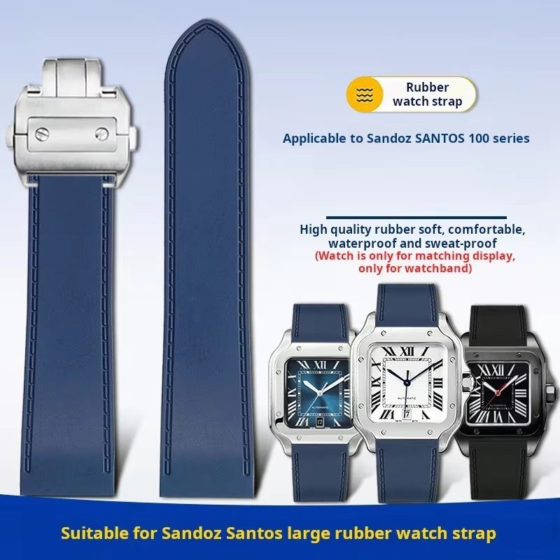 For Cartier santos100 Santos silicone rubber watch strap santos 100 Metal buckle watchband men Black