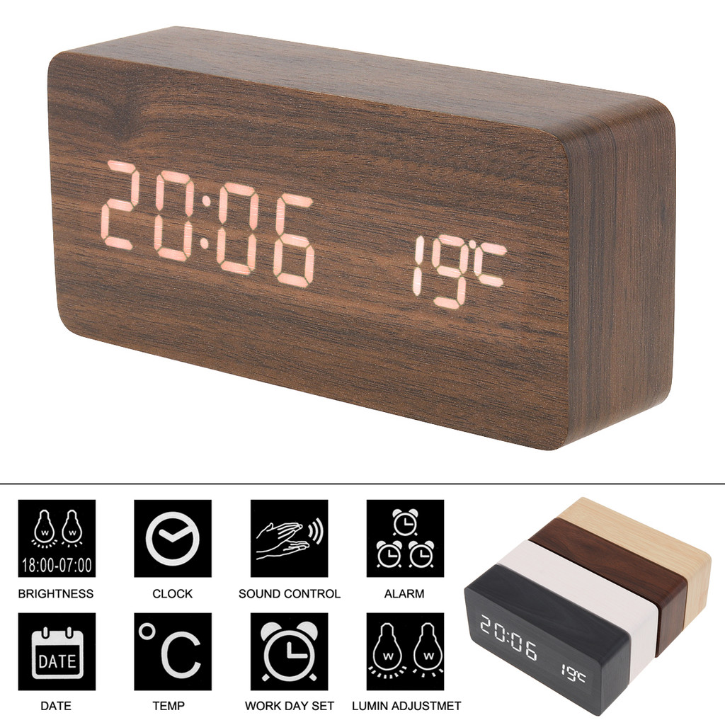 1pc Wooden gital Alarm Clock with LED Clock with Time, Date,Temperature, Desk Clocks for Office,Beds