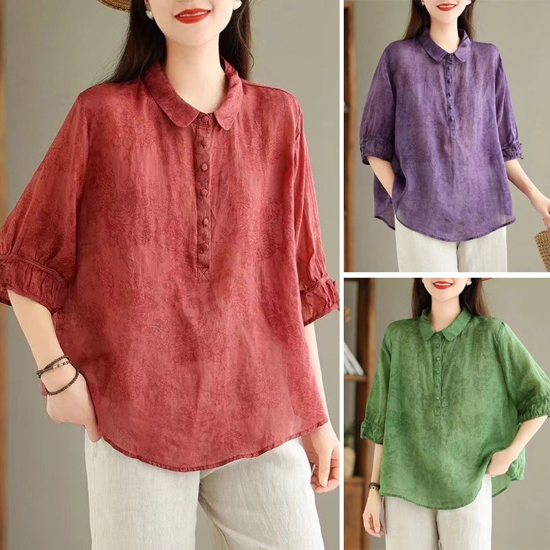 Kaos Lengan Pendek Musim Panas Tinggi untuk Ibu Mode Ibu Blus Wanita Tipis