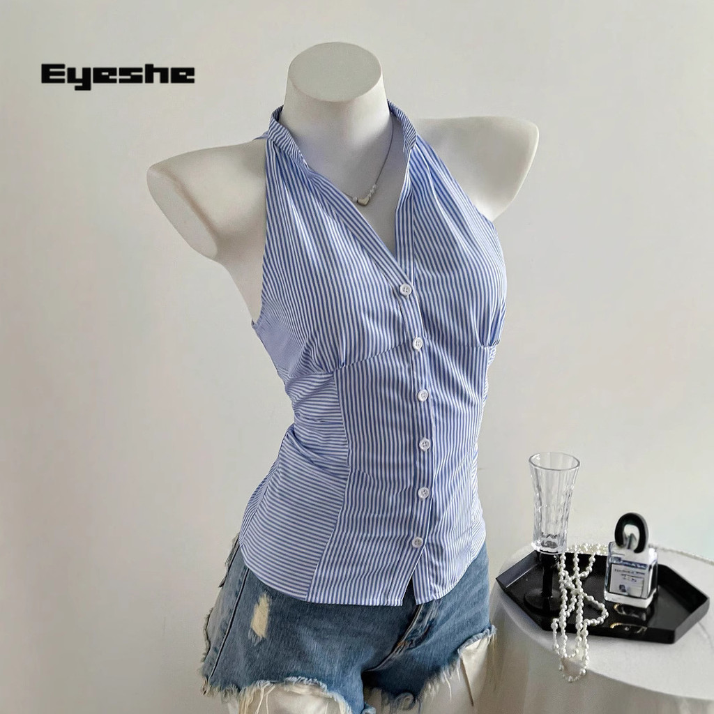 SHEIN SAMA Pinggang Prancis mencubit bahu bergaris kemeja tanpa lengan desain musim panas wanita ras