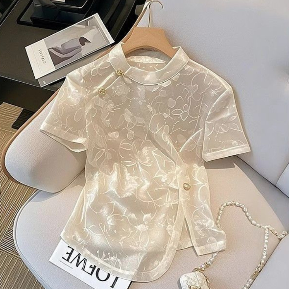 Kemeja Lengan Pendek Aprikot Satin Atasan Kaos Bahu Depan Wanita