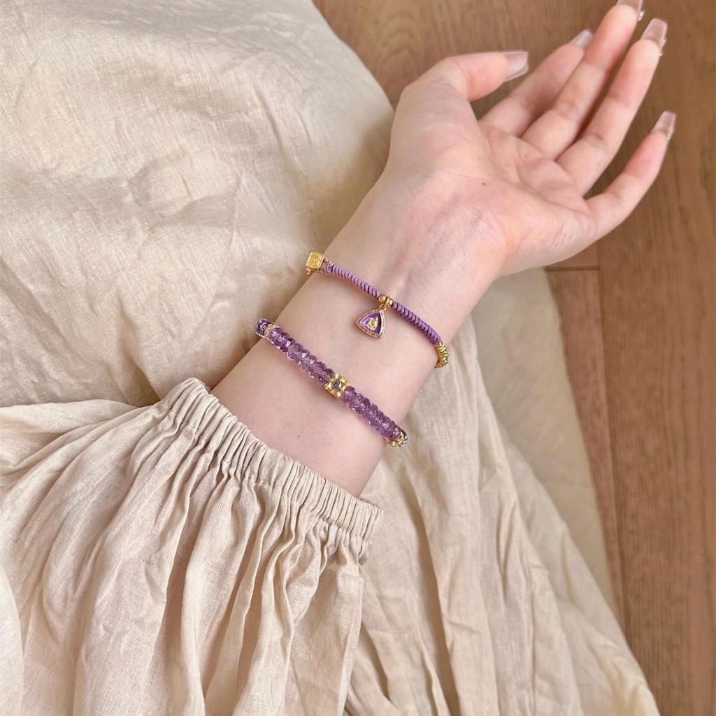 Gelang manik-manik kecil berbentuk cakram dengan imitasi zirkon emas tradisional dan amethyst tali t
